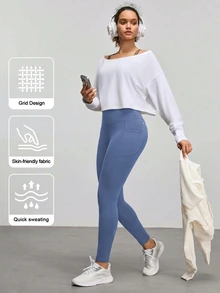 SHEIN Sports 女款高腰口袋休閒百搭日常穿著運動緊身褲 - 藍色 - 查看 5