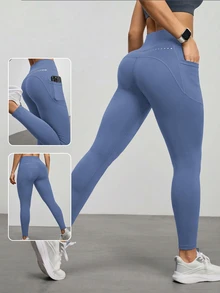 SHEIN Sports 女款高腰口袋休閒百搭日常穿著運動緊身褲 - 藍色 - 查看 2