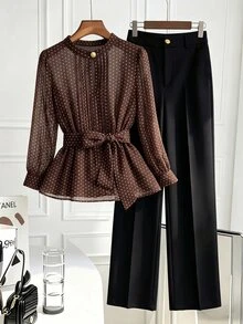 GlowEve CURVE Plus Size Chiffon Printed Round Neck Top Black Straight Leg Pants 2 Pieces Set Metal Button Decoration Business Casual Elegant Brown Fall Dinner - Brown - View 3