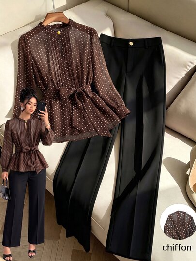 GlowEve CURVE Plus Size Chiffon Printed Round Neck Top And Black Straight Leg Pants 2 Pieces Set With Metal Button Decoration, Business Casual Elegant Brown