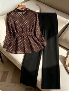GlowEve CURVE Plus Size Chiffon Printed Round Neck Top Black Straight Leg Pants 2 Pieces Set Metal Button Decoration Business Casual Elegant Brown Fall Dinner - Brown - View 2