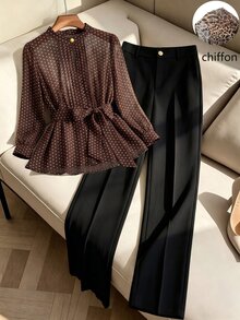GlowEve CURVE Plus Size Chiffon Printed Round Neck Top Black Straight Leg Pants 2 Pieces Set Metal Button Decoration Business Casual Elegant Brown Fall Dinner - Brown - View 4