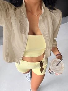 Dewbera Dewbera 女款極簡百搭網眼長袖口袋運動夾克 - 摩卡棕 - 查看 6
