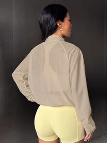 Dewbera Dewbera 女款極簡百搭網眼長袖口袋運動夾克 - 摩卡棕 - 查看 3