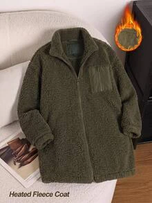 SHEIN CURVE+ Plus Size Women's Fleece Jacket, Casual Elegant Sport Baggy Autumn/Winter Coral With Chest And Side Pockets, Office Party Vacation Formal Olive Green - Army Green - View 1