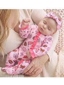 SHEIN Newborn Baby Cute Knitted Casual Cartoon Pattern Romper & Headband Set - Pink - View 1