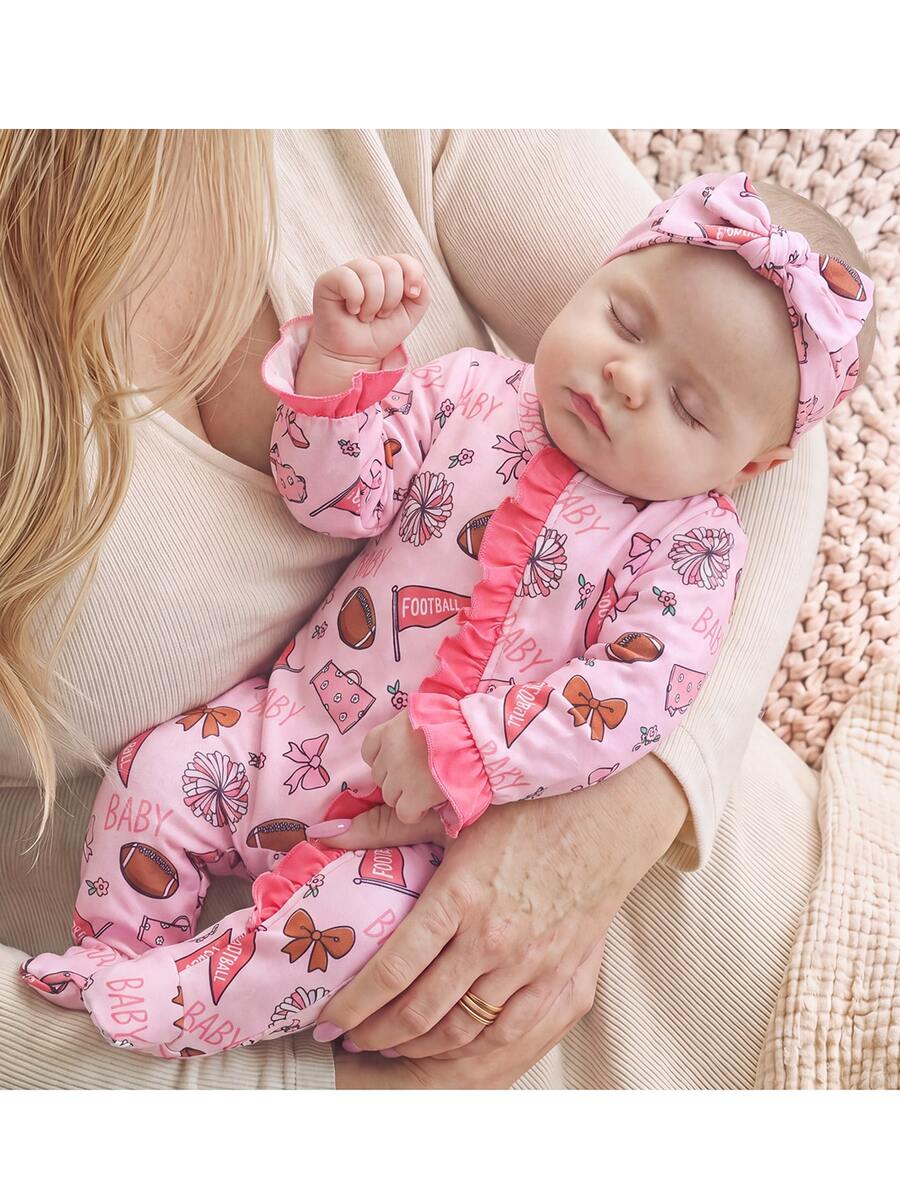 SHEIN Newborn Baby Cute Knitted Casual Cartoon Pattern Romper & Headband Set - Pink - View 1