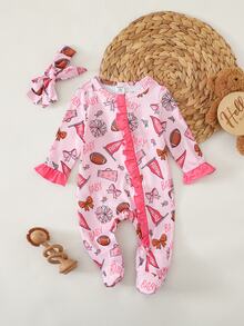 SHEIN Newborn Baby Cute Knitted Casual Cartoon Pattern Romper & Headband Set - Pink - View 3