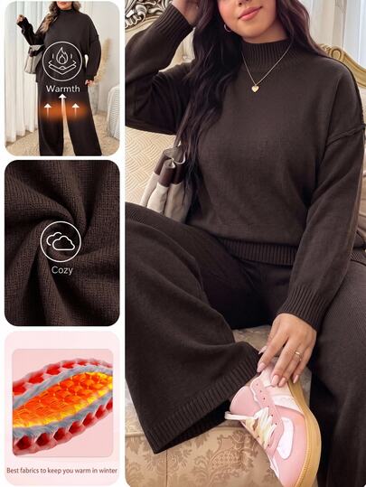 SHEIN CURVE+ طقم كاجوال للنساء مقاس كبير بلون موحد، كنزة بأكمام طويلة وأكتاف منسدلة وبنطال محبوك