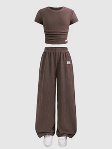 SHEIN Tween Girls Bow Ribbed Print T-Shirt And Leggings 2 Pieces Set, Casual Daily Fashion Versatile - Khaki - View 5