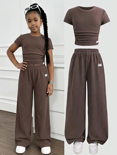 SHEIN Tween Girls Bow Ribbed Print T-Shirt And Leggings 2 Pieces Set, Casual Daily Fashion Versatile