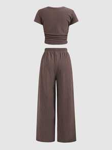 SHEIN Tween Girls Bow Ribbed Print T-Shirt And Leggings 2 Pieces Set, Casual Daily Fashion Versatile - Khaki - View 6
