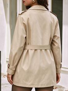 SHEIN LUNE Plus Size Fashion Streetwear Business Casual Elegant Button Pocket Long Sleeve Trench Coat Office Formal Khaki Autumn - Khaki - View 2