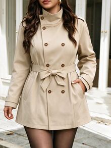 SHEIN LUNE Plus Size Fashion Streetwear Business Casual Elegant Button Pocket Long Sleeve Trench Coat Office Formal Khaki Autumn - Khaki - View 1