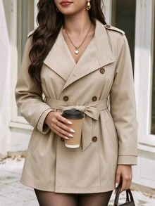 SHEIN LUNE Plus Size Fashion Streetwear Business Casual Elegant Button Pocket Long Sleeve Trench Coat Office Formal Khaki Autumn - Khaki - View 4