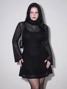 SHEIN ICON Plus Size Y2K Stand Collar Mesh Sheer Flare Sleeve Dress 2 Pieces Set, Halloween Gothic Vintage 2 Pieces Set Fall - Black - View 1