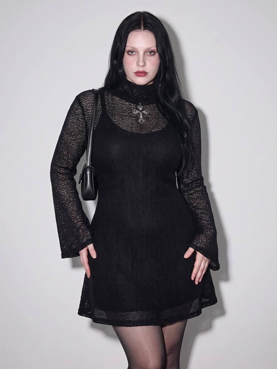 SHEIN ICON Plus Size Y2K Stand Collar Mesh Sheer Flare Sleeve Dress 2 Pieces Set, Halloween Gothic Vintage 2 Pieces Set Fall - Black - View 1