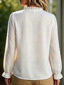Linhara CURVE Women's Casual Vacation Solid Color Hollow Lace V-Neck Long Sleeve Blouse, Spring/Summer Fall - White - View 2