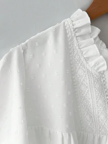 Linhara CURVE Women's Casual Vacation Solid Color Hollow Lace V-Neck Long Sleeve Blouse, Spring/Summer Fall - White - View 6
