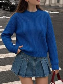 SHEIN 1件女童毛衣，百搭圓領淺黃色短款落肩長袖軟針織套頭衫，可愛休閒風，適中厚度，整齊下擺，緊口袖口，親膚柔軟，亮色不褪色，適合日常穿著、街頭、學校、戶外活動，秋冬款 - 寶藍色 - 查看 1