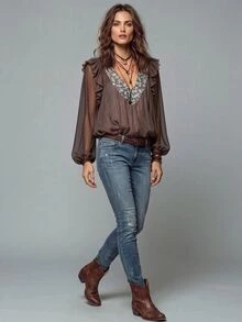 LUMIGAL Women's French Vintage 70s Vacation Style Floral Print Long Sleeve Top With Ruffle Trim, Light Brown, Suitable For Summer & Early Fall Getaways - Brown - View 5