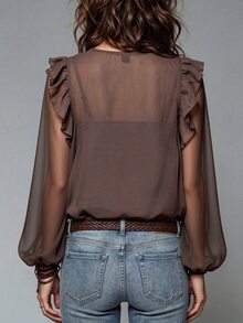 LUMIGAL Women's French Vintage 70s Vacation Style Floral Print Long Sleeve Top With Ruffle Trim, Light Brown, Suitable For Summer & Early Fall Getaways - Brown - View 3