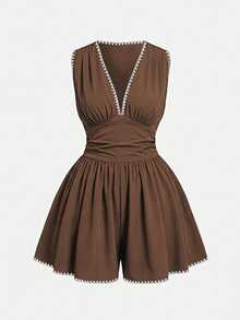 SHEIN MOD Casual Versatile Plus Size V-Neck Short Waist Wide Leg Brown Jumpsuit With Shell Flower Craft - Multicolor - View 3