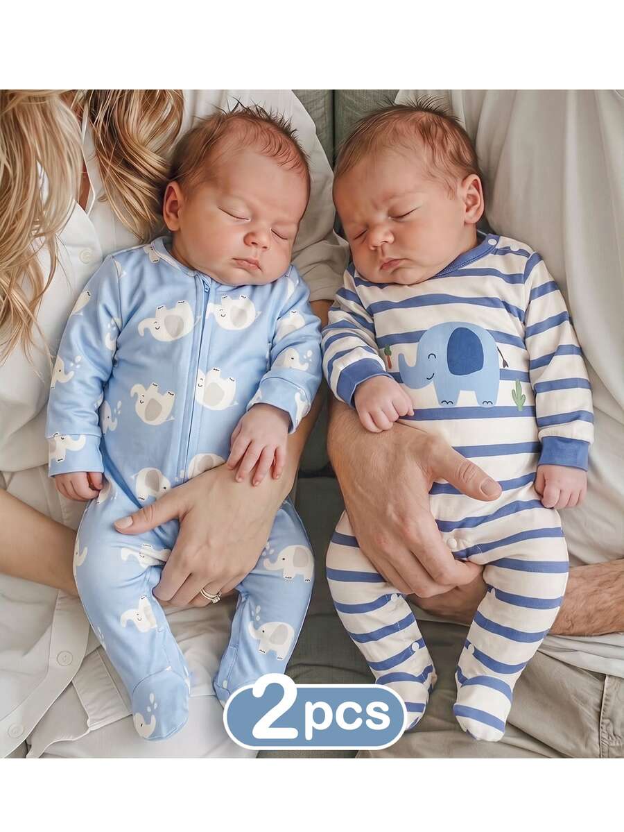SHEIN Newborn Baby Boy Girl Cute Knitted Cartoon Pattern Long Sleeve Romper Loungewear Pcs - Blue - View 1