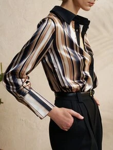 Airaco Women's Elegant Color Block Striped Casual Button Front Shirt, Autumn - Multicolor - View 8