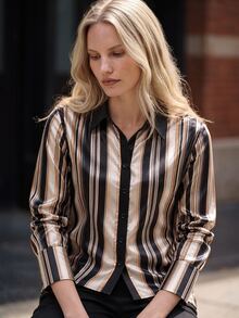 Airaco Women's Elegant Color Block Striped Casual Button Front Shirt, Autumn - Multicolor - View 1