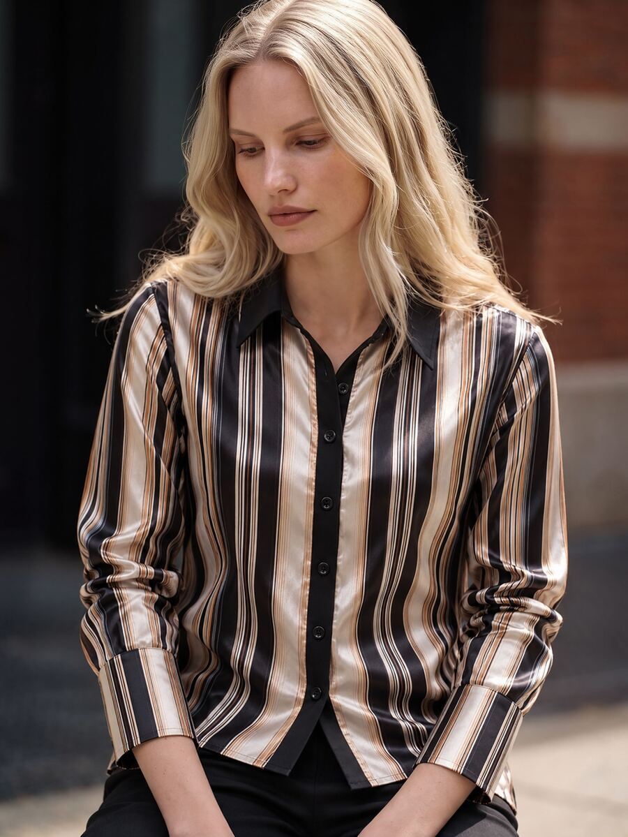 Airaco Women's Elegant Color Block Striped Casual Button Front Shirt, Autumn - Multicolor - View 1