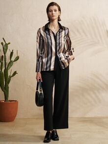 Airaco Women's Elegant Color Block Striped Casual Button Front Shirt, Autumn - Multicolor - View 6