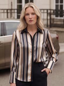 Airaco Women's Elegant Color Block Striped Casual Button Front Shirt, Autumn - Multicolor - View 2