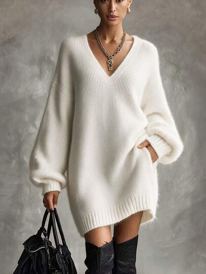 SHEIN New Spring Fall Coquette Plush Texture V Neck Sweater Mini Dress Women Drop Shoulder Balloon Cuff Sleeve
