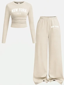 SHEIN Tween Girls Versatile Bow Pattern Long Sleeve Top And Pants 2 Pieces Set, Light Grey - Khaki - View 2