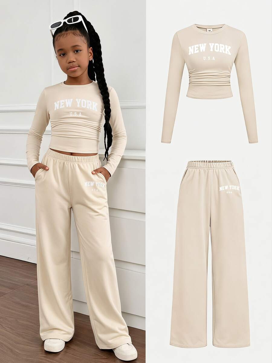 SHEIN Tween Girls Versatile Bow Pattern Long Sleeve Top And Pants 2 Pieces Set, Light Grey - Khaki - View 1