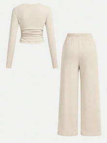 SHEIN Tween Girls Versatile Bow Pattern Long Sleeve Top And Pants 2 Pieces Set, Light Grey - Khaki - View 3