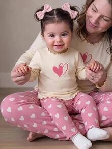 SHEIN Baby Girl High Neck Heart Print Elastic Ribbed Pullover Autumn Top And Casual Heart Print Ribbed Leggings Set, Suitable For Winter - Multicolor - View 1