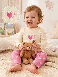 SHEIN Baby Girl High Neck Heart Print Elastic Ribbed Pullover Autumn Top And Casual Heart Print Ribbed Leggings Set, Suitable For Winter - Multicolor - View 6