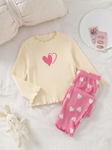 SHEIN Baby Girl High Neck Heart Print Elastic Ribbed Pullover Autumn Top And Casual Heart Print Ribbed Leggings Set, Suitable For Winter - Multicolor - View 7