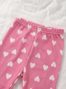 SHEIN Baby Girl High Neck Heart Print Elastic Ribbed Pullover Autumn Top And Casual Heart Print Ribbed Leggings Set, Suitable For Winter - Multicolor - View 5