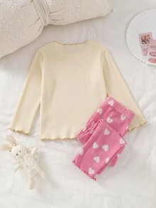 SHEIN Baby Girl High Neck Heart Print Elastic Ribbed Pullover Autumn Top And Casual Heart Print Ribbed Leggings Set, Suitable For Winter - Multicolor - View 2