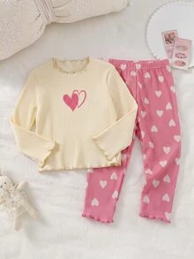 SHEIN Baby Girl High Neck Heart Print Elastic Ribbed Pullover Autumn Top And Casual Heart Print Ribbed Leggings Set, Suitable For Winter - Multicolor - View 3