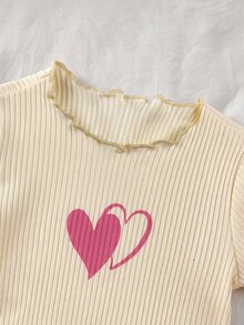 SHEIN Baby Girl High Neck Heart Print Elastic Ribbed Pullover Autumn Top And Casual Heart Print Ribbed Leggings Set, Suitable For Winter - Multicolor - View 4