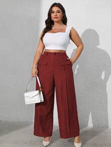 Vionelle Plus Size Women's Solid Color Front Button Faux Pocket Casual Suit Pants - Red - View 3