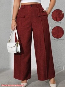 Vionelle Plus Size Women's Solid Color Front Button Faux Pocket Casual Suit Pants - Red - View 1