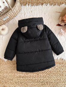 SHEIN معطف شتوي طويل مبطن بالفرو الصناعي مع بطانية رأس للبنات الصغيرات، منسوج بلون موحد مع تصميم رقعات، مناسب للخريف والشتاء - الأسود - مشاهدة 2