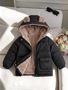 SHEIN معطف شتوي طويل مبطن بالفرو الصناعي مع بطانية رأس للبنات الصغيرات، منسوج بلون موحد مع تصميم رقعات، مناسب للخريف والشتاء - الأسود - مشاهدة 5