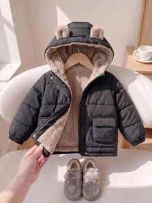 SHEIN معطف شتوي طويل مبطن بالفرو الصناعي مع بطانية رأس للبنات الصغيرات، منسوج بلون موحد مع تصميم رقعات، مناسب للخريف والشتاء - الأسود - مشاهدة 1