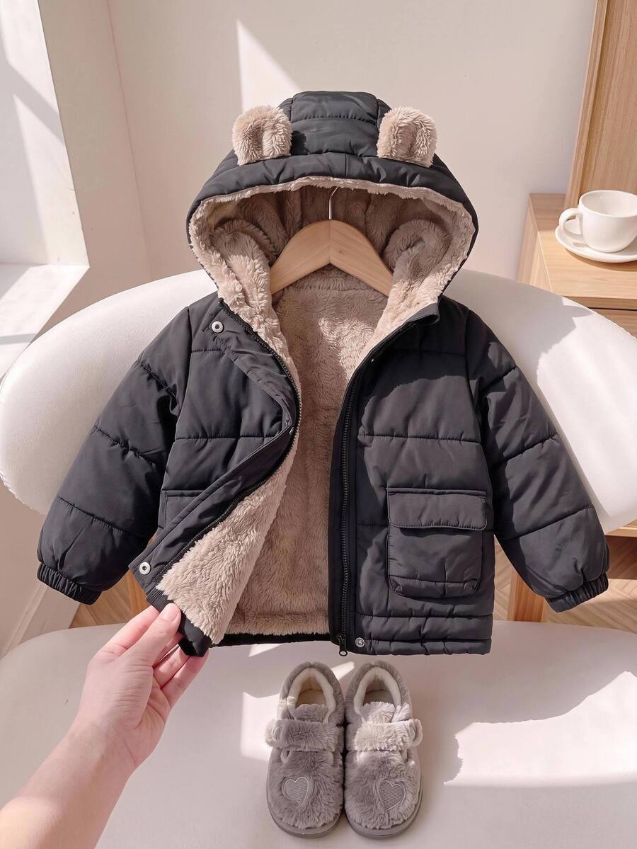 SHEIN معطف شتوي طويل مبطن بالفرو الصناعي مع بطانية رأس للبنات الصغيرات، منسوج بلون موحد مع تصميم رقعات، مناسب للخريف والشتاء - الأسود - مشاهدة 1